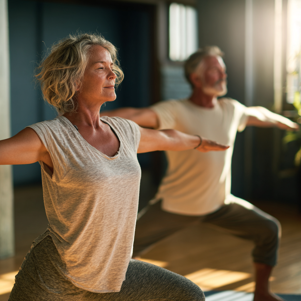 Middle-aged adults practicing gentle yoga poses in natural light studio